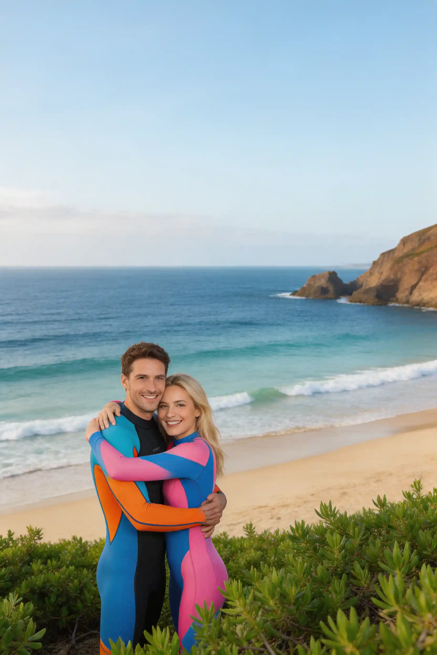 Caucasian surf couple embracing on a tranquil coastal beach