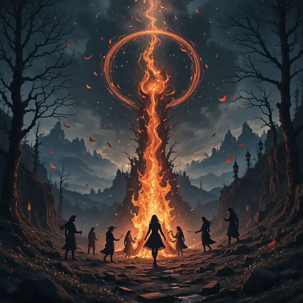Witches dancing around a blazing ritual fire at night