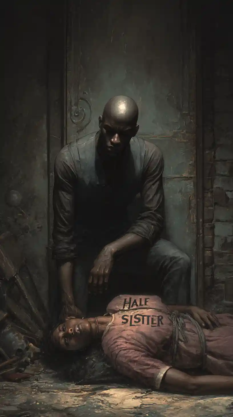 Bald black man standing over older woman on the floor