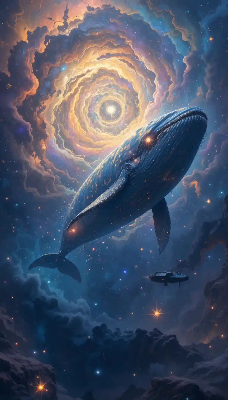 Cosmic whale drifting through glowing nebula filled space