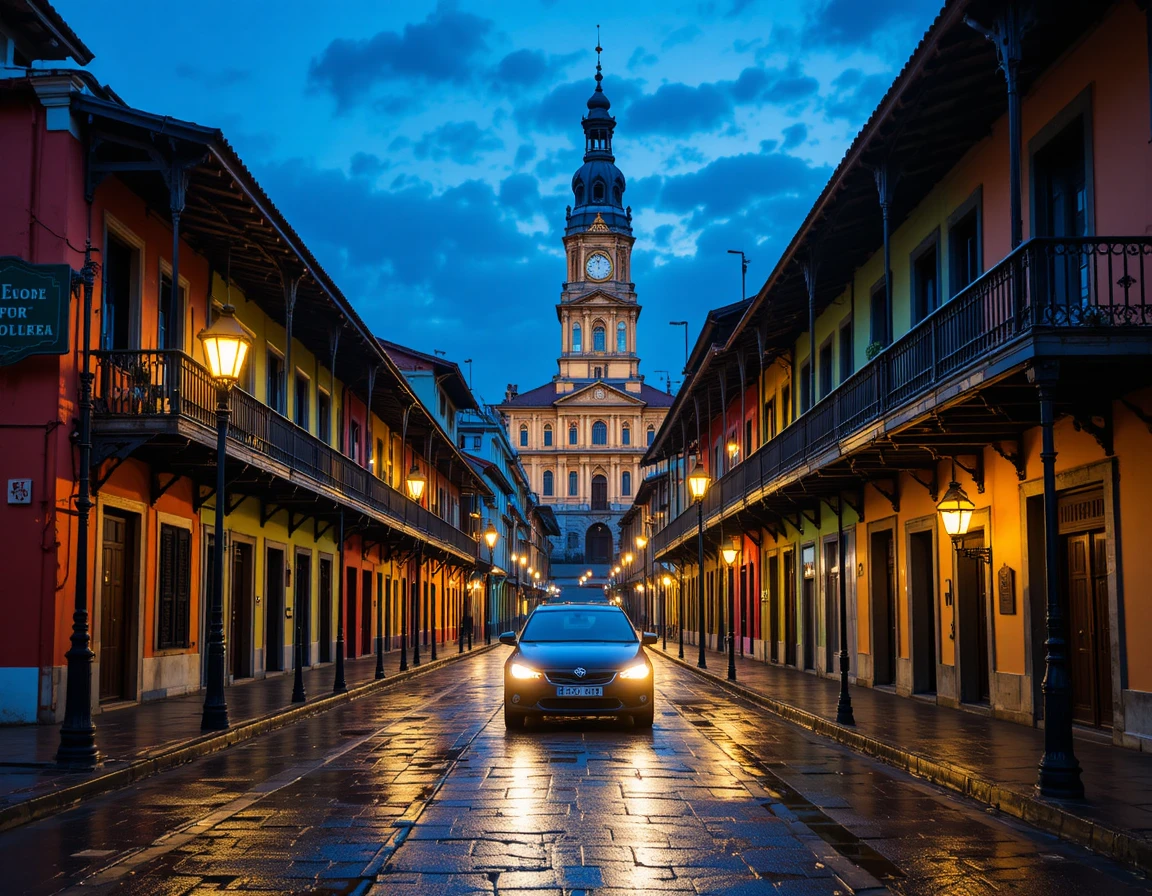 Colorful historic city street at twilight with wet reflections