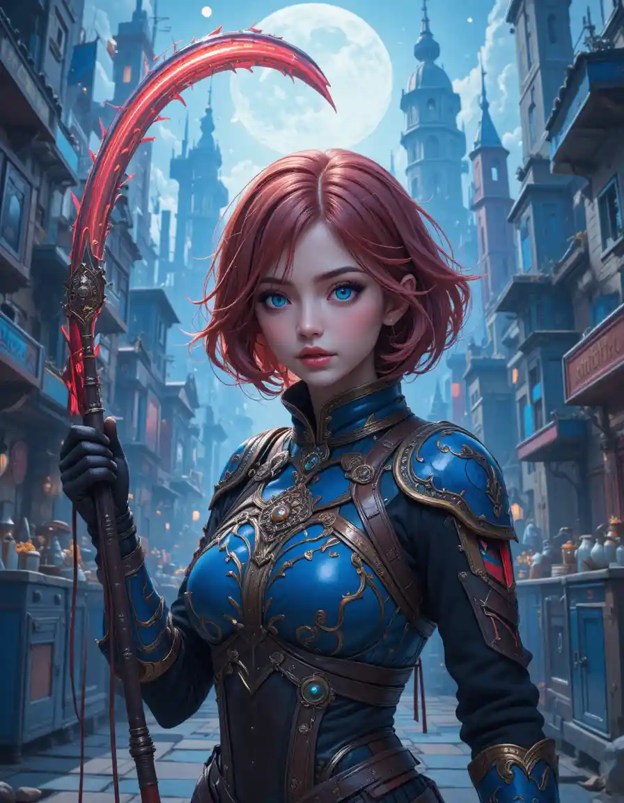 Blonde armored girl with mace before a distant castle