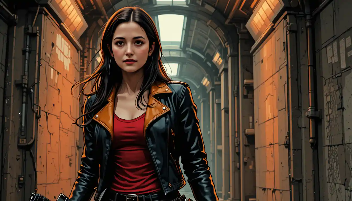 Femme armée dans un couloir futuriste sombre