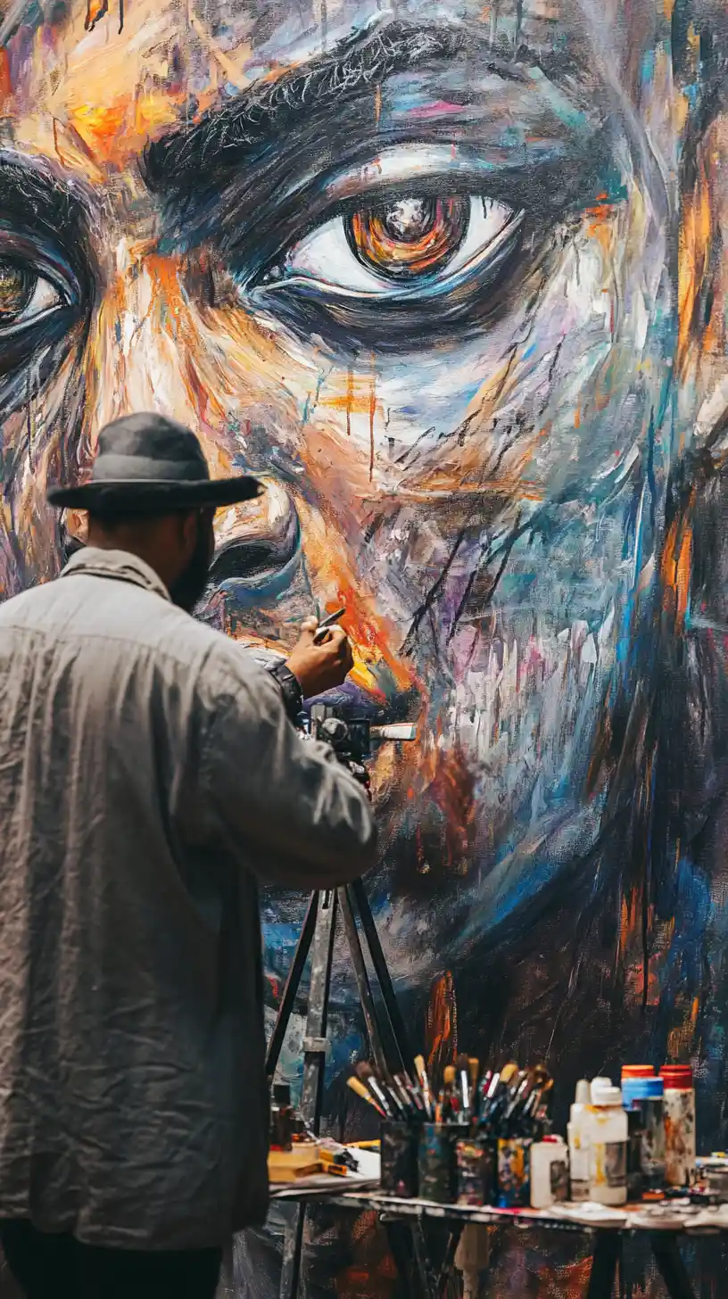 Artist painting surreal afrofuturistic mural in high tech gallery