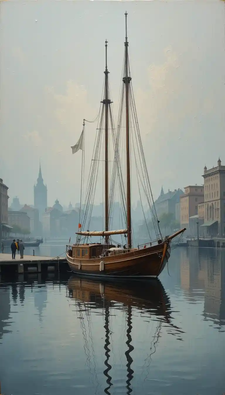 Oil painting of a sailboat in a calm city harbor