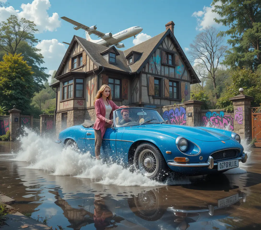 Tudor style house in a flooded street under clear sky