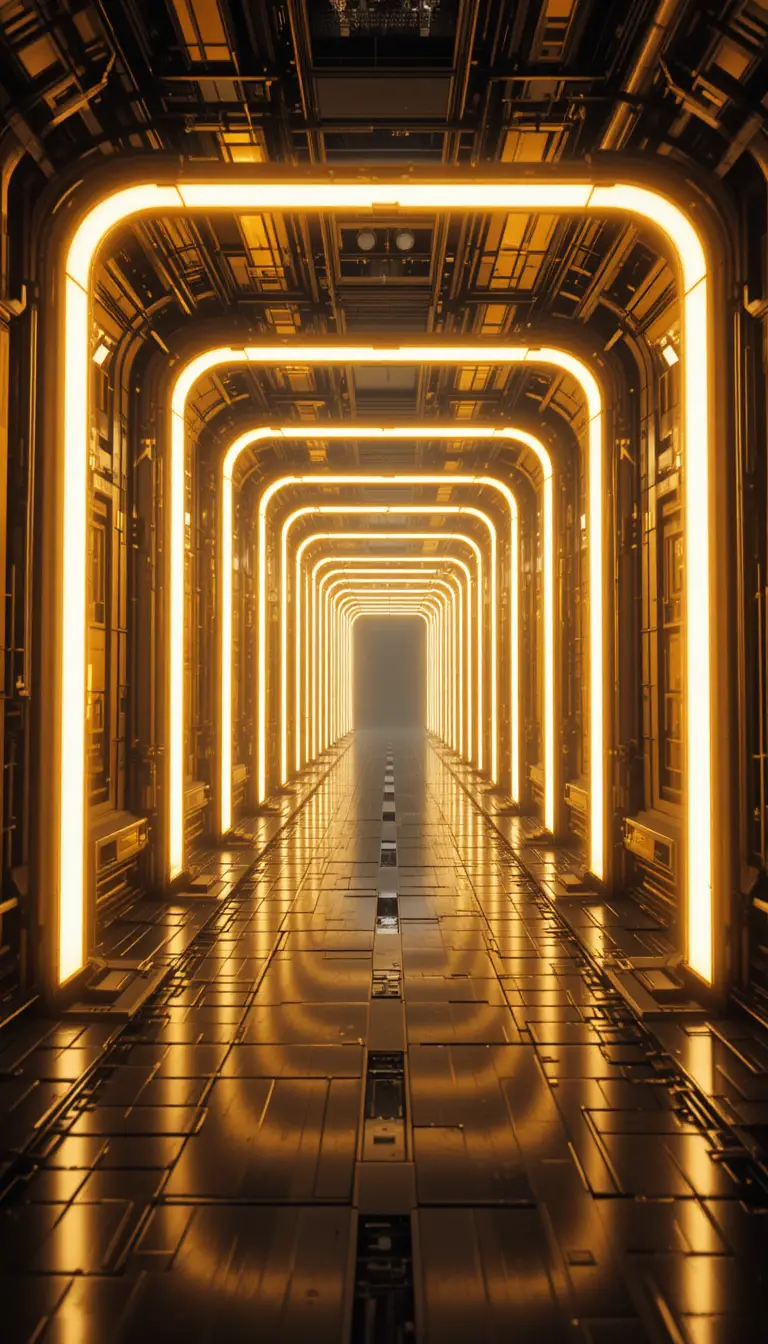 Glowing geometric tunnel of golden sci fi structures