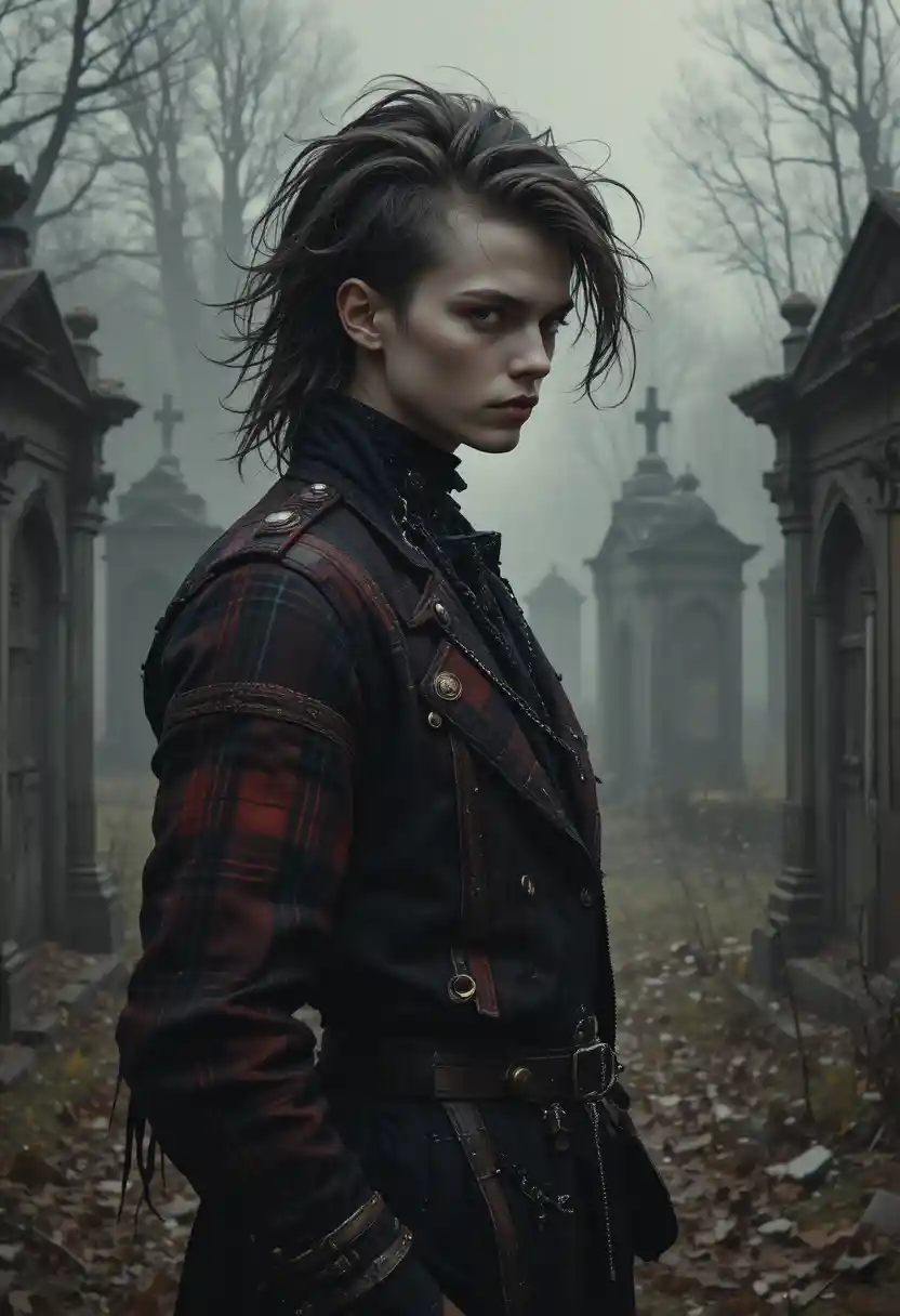 Gothic girl portrait in a graveyard with dark punk style