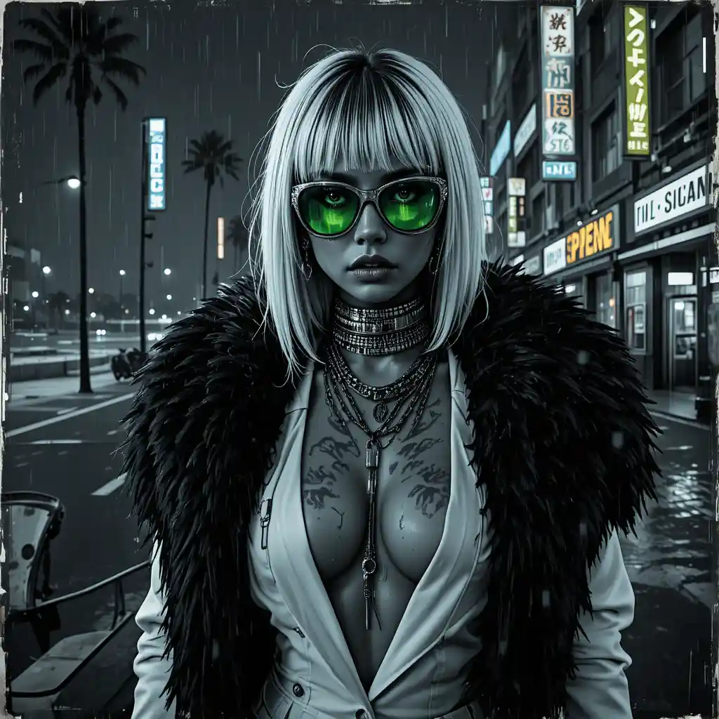 Femme fatale cyberpunk em retrato de close-up encharcado de neon