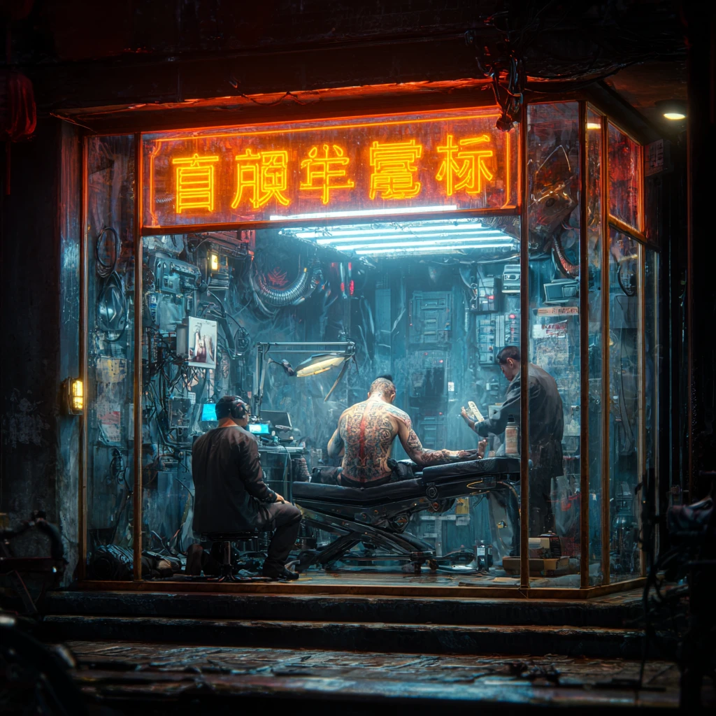 Gangster Tattoo Session In Futuristic Chinese City Studio