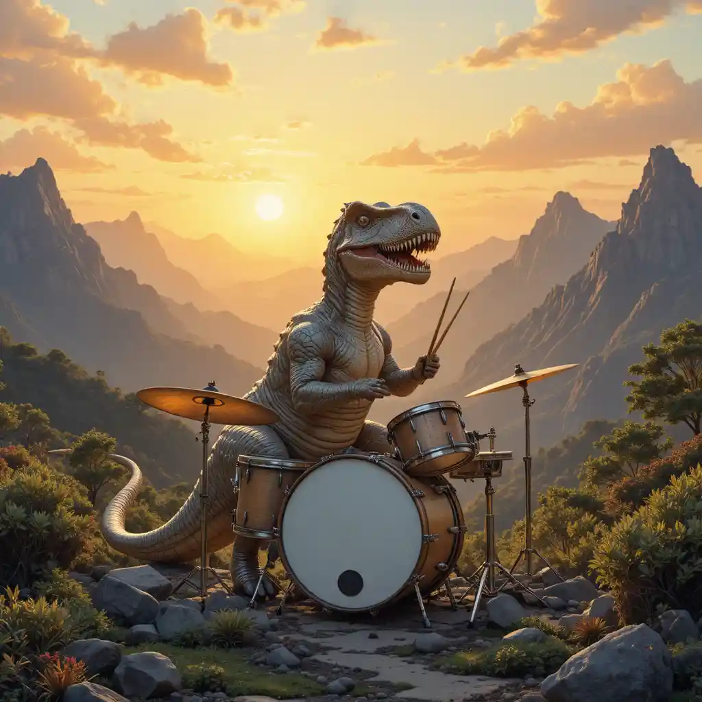 Realistic dinosaur drummer in the mountains at colorful sunset