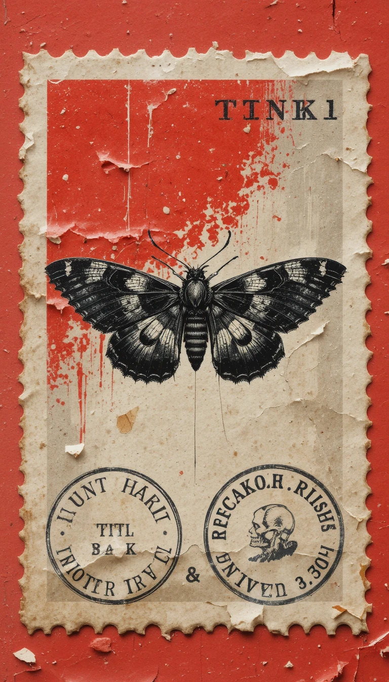 Vintage postage stamp with black moth on red background