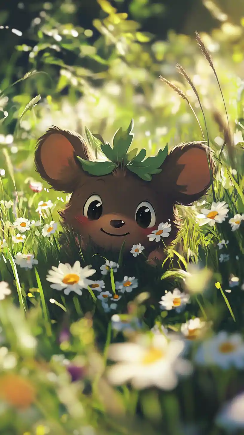 Cute cartoon mole family in a whimsical flower field