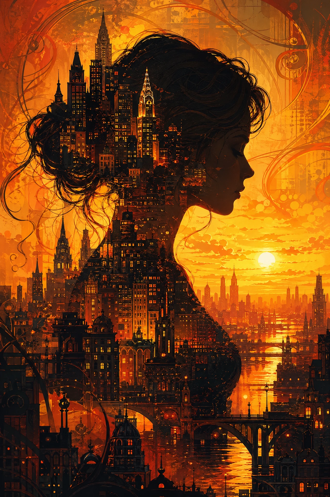 Silhouetted Woman Merging With Sunset City Skyline