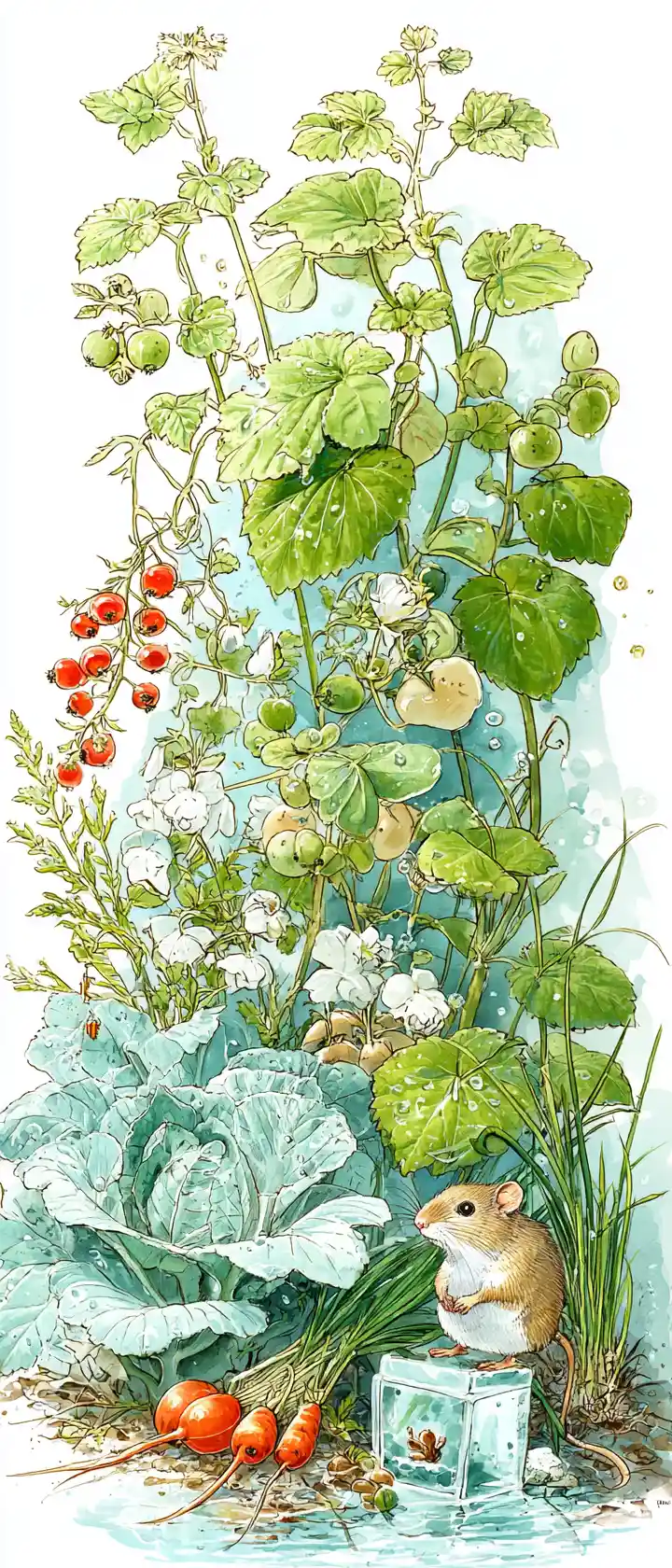 Playful mouse in a watercolor cottage garden scene