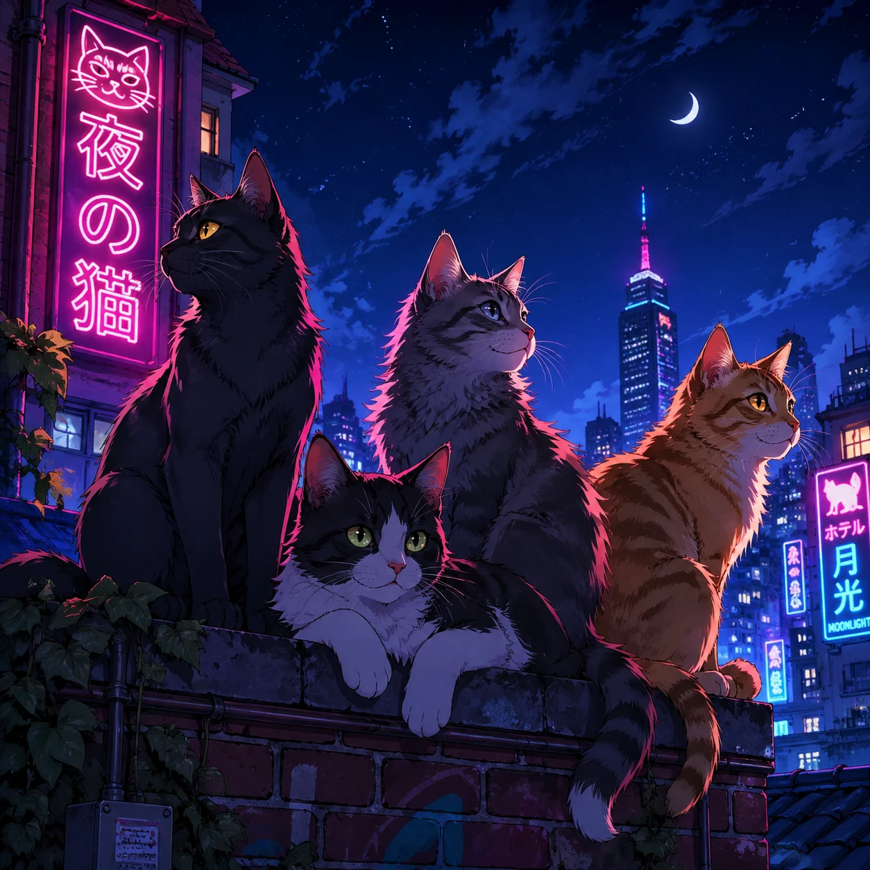 Four anime cats on a brick wall in neon lit city night