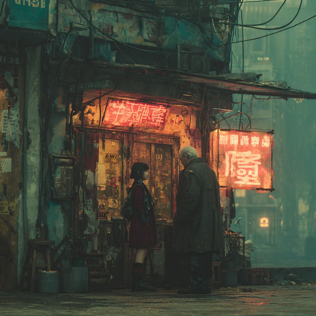 Chica asiática con su abuelo en una ciudad china futurista