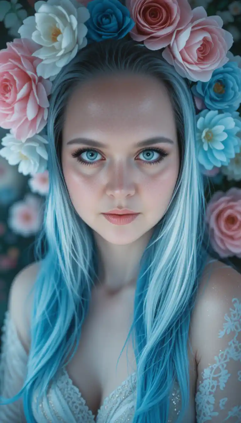Blue haired girl portrait with pastel floral headpiece