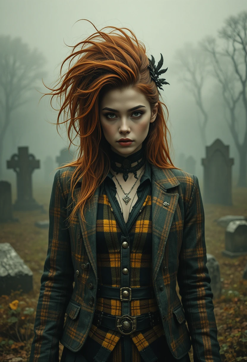 霧の墓地に佇むビビッドカラーのゴシック少女ポートレート