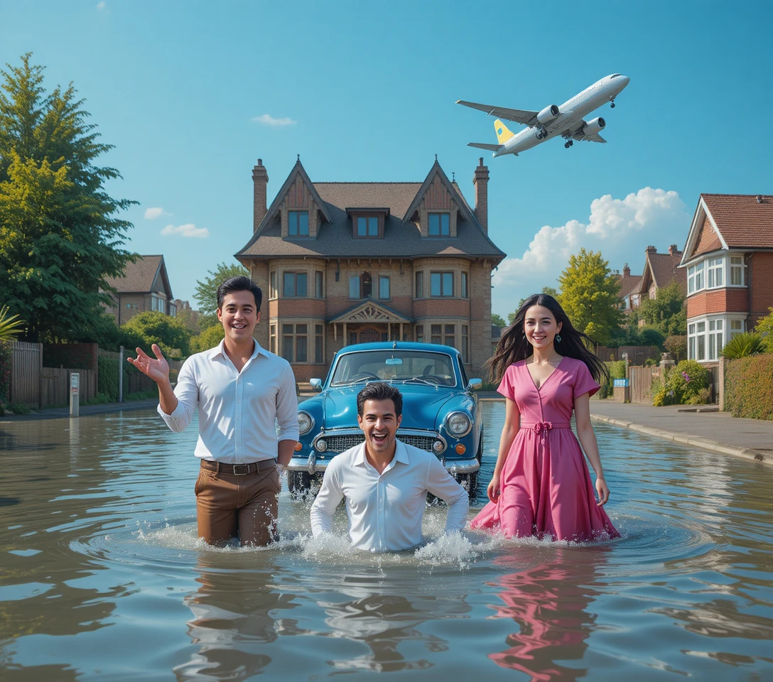 Surreal flooded suburb with shocked man and floating car