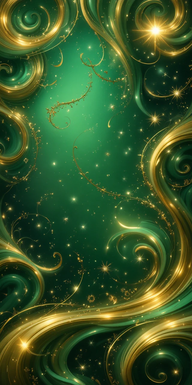 Green and gold abstract swirls with shimmering glowing stars