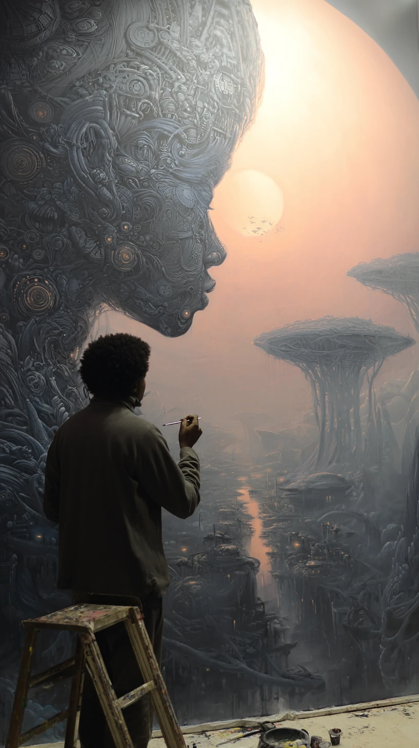 Artist painting a surreal afrofuturistic mural in gallery