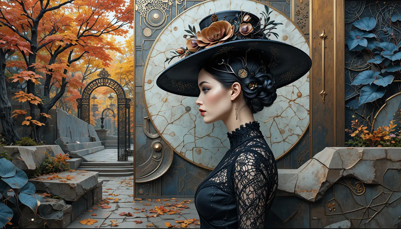 Donna gotica con cappello nero che cammina in un parco autunnale