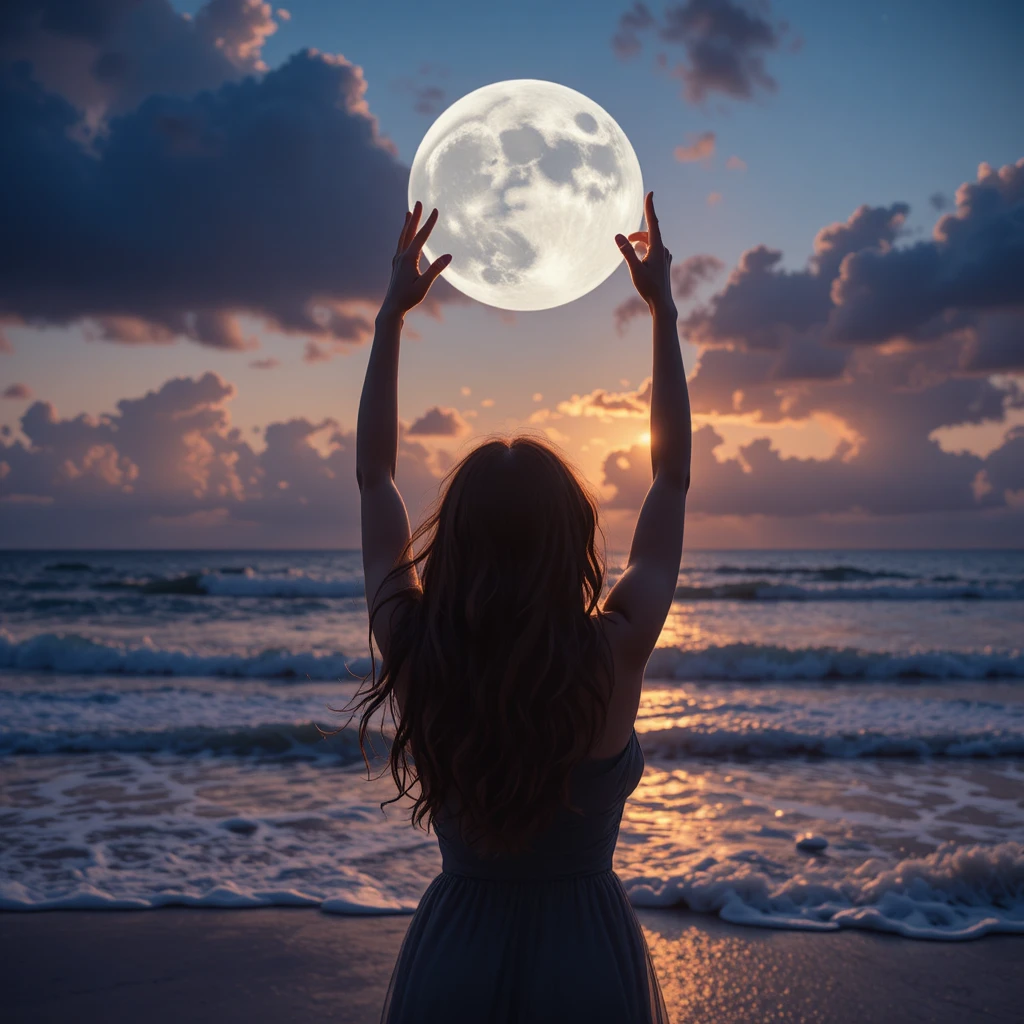 Woman reaching for the full moon on a tranquil beach