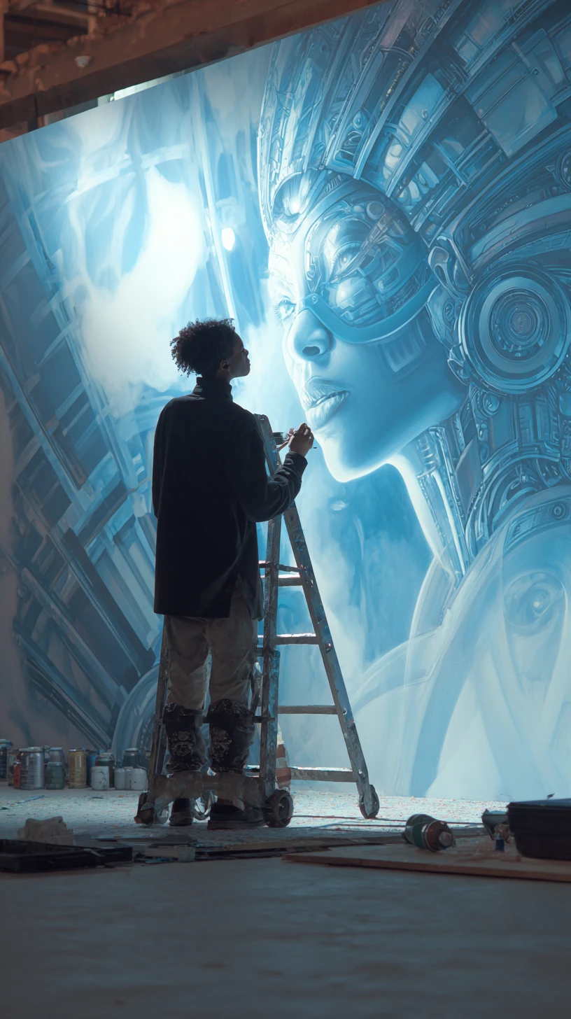 Artist painting a surreal Afrofuturistic mural in gallery