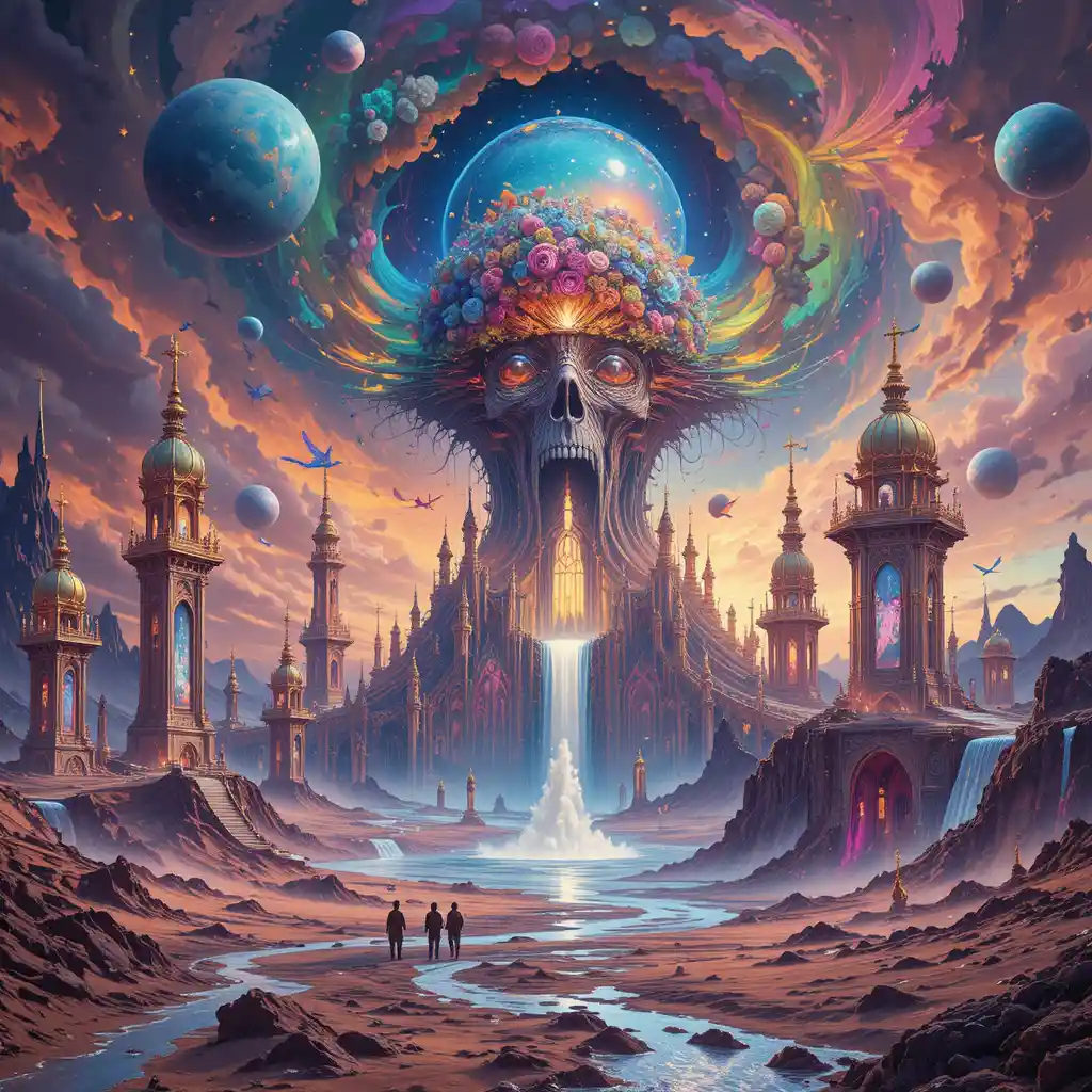 Melting Crystal Cathedral Floating Above Rainbow Desert