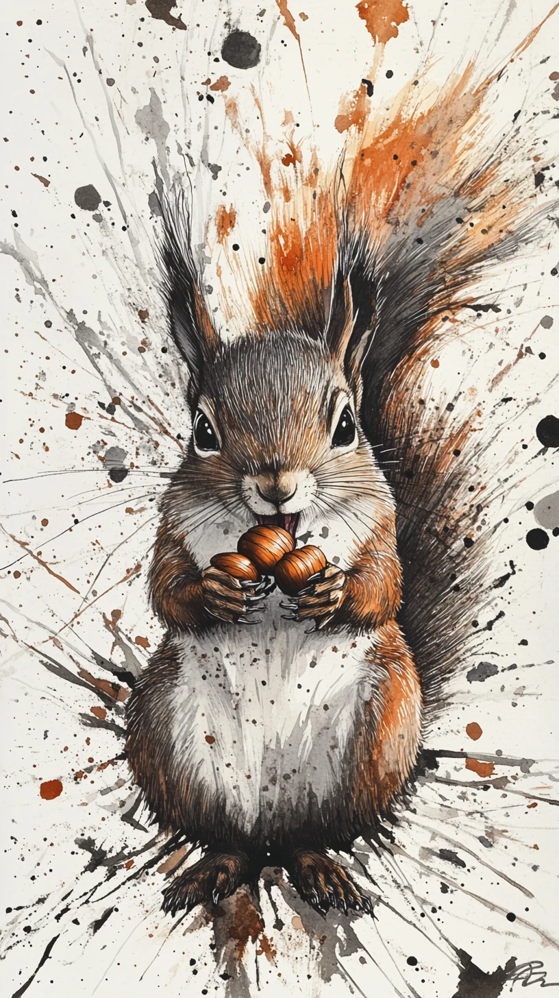 Watercolor squirrel clutching acorns with wild expressive fur