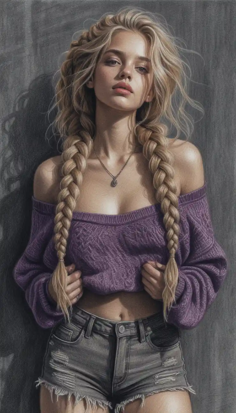 Moody pencil portrait of a braided blonde girl in sweater