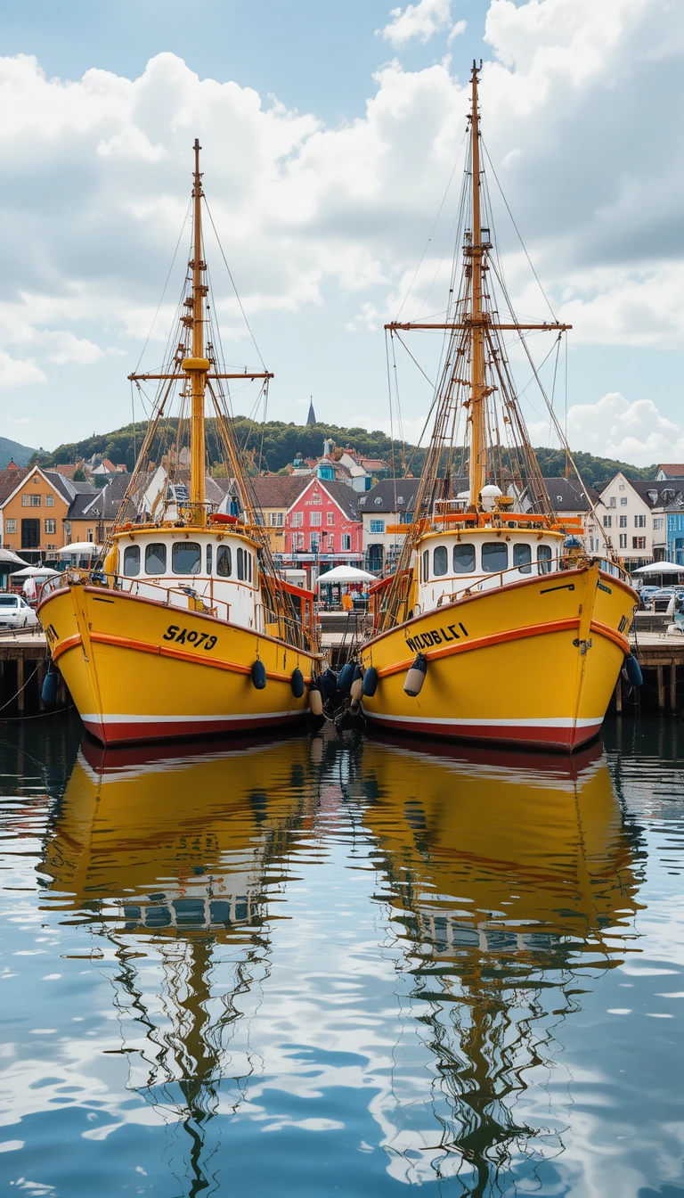 Colorful fishing boats resting in a calm harbor