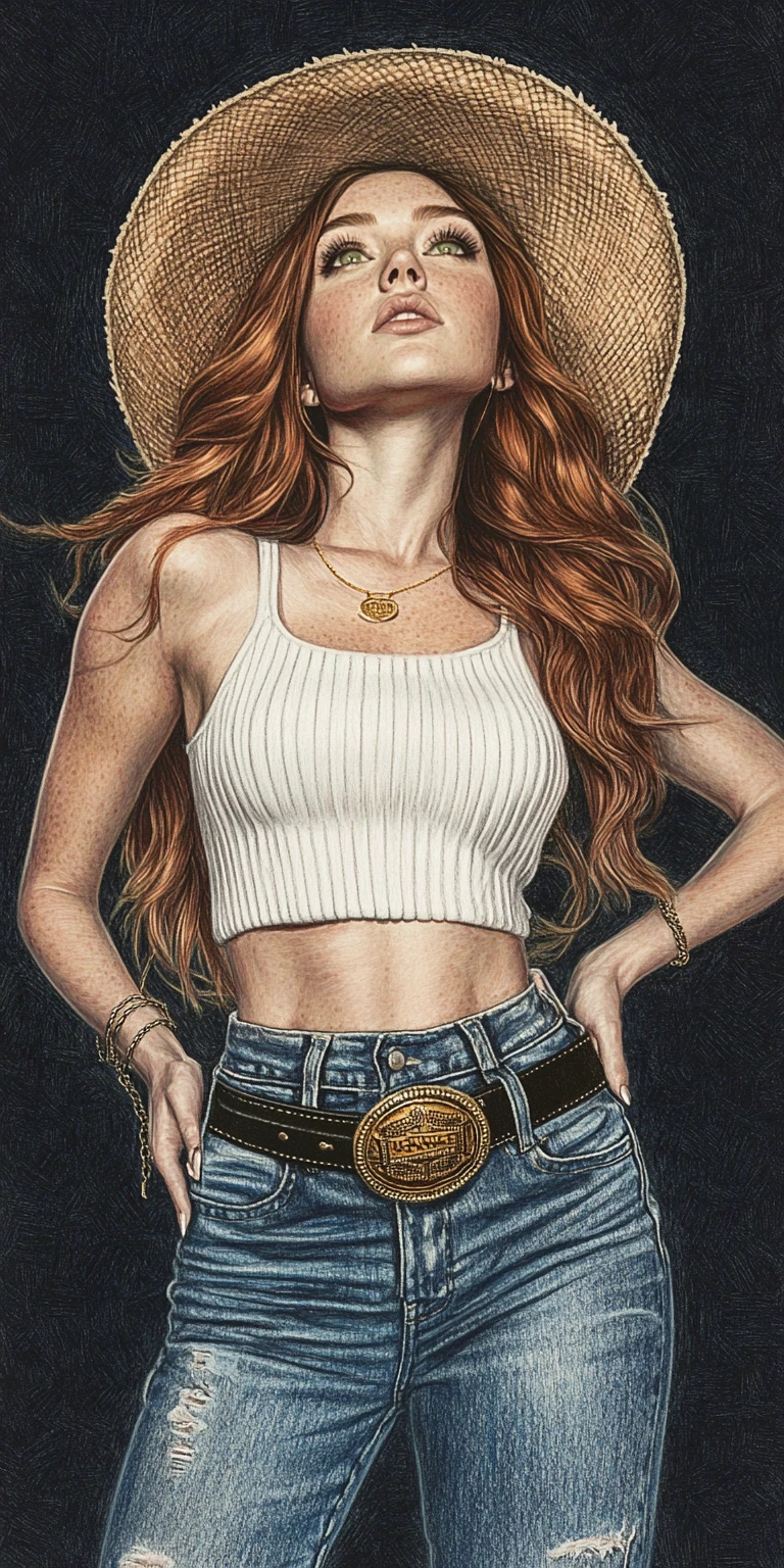 Confident cowgirl in white tank top and denim jeans