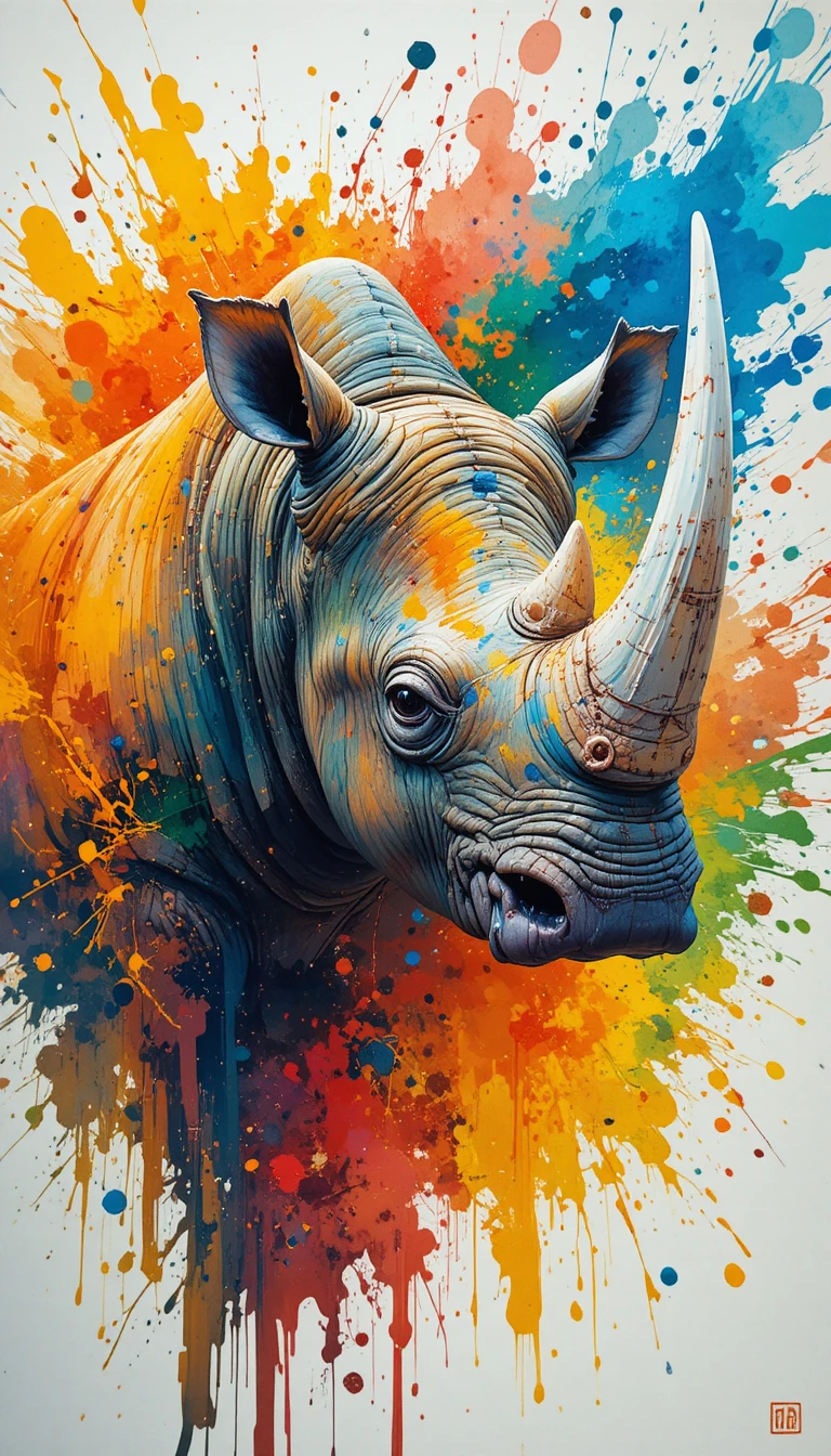 Colorful digital painting of a rhino with dynamic splashes