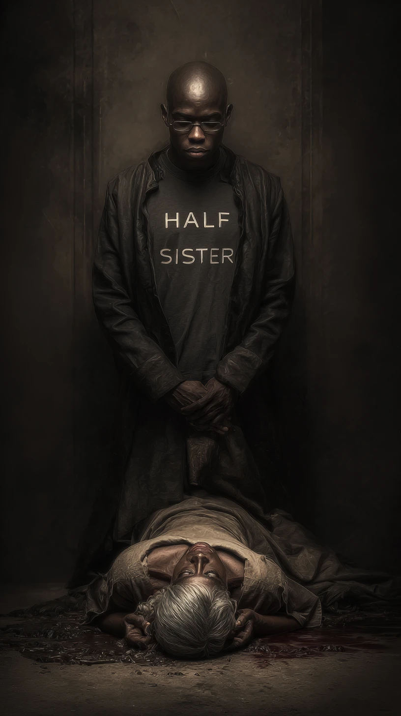 Bald black man standing over older woman on the floor