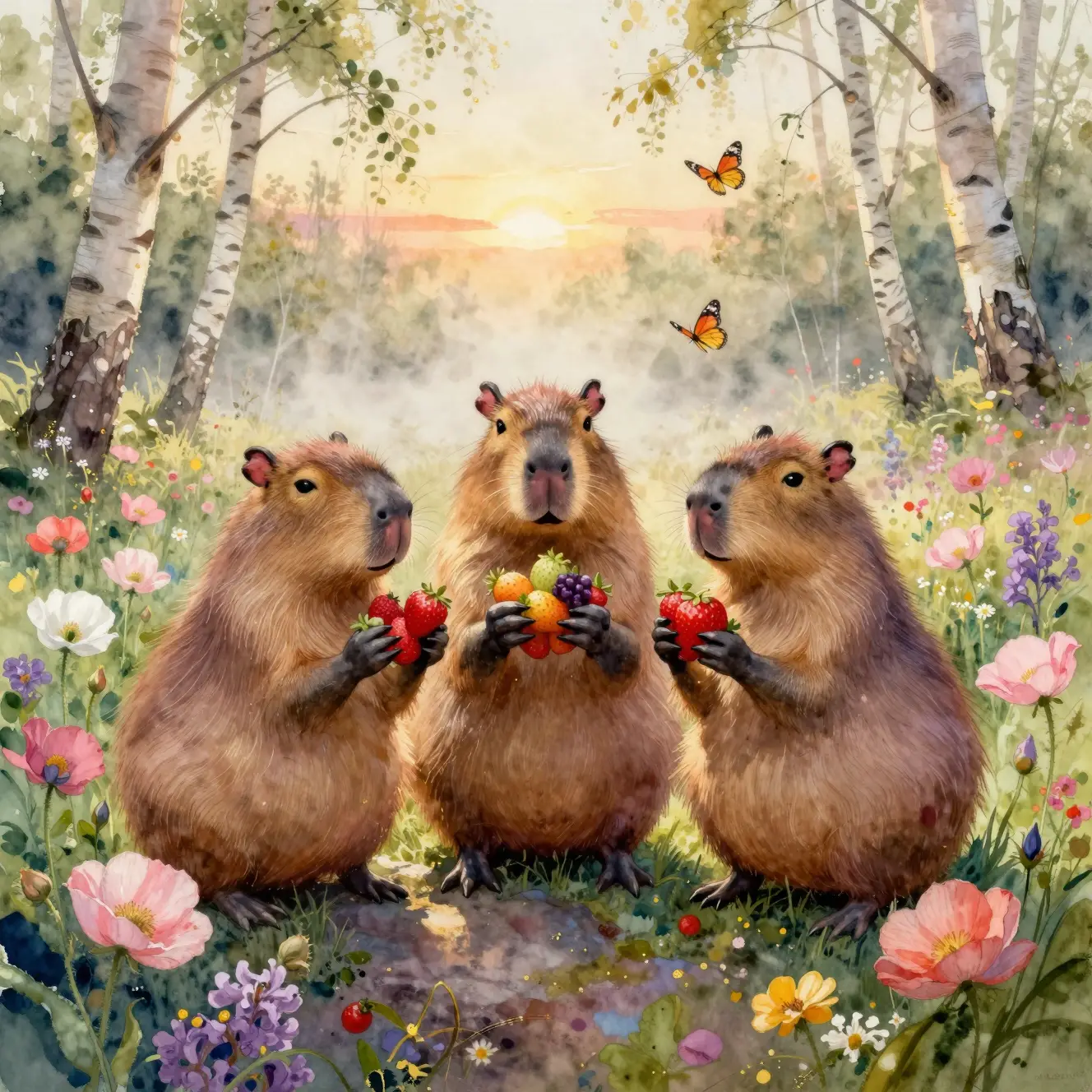 Three capybaras holding fruit in a spring flower field