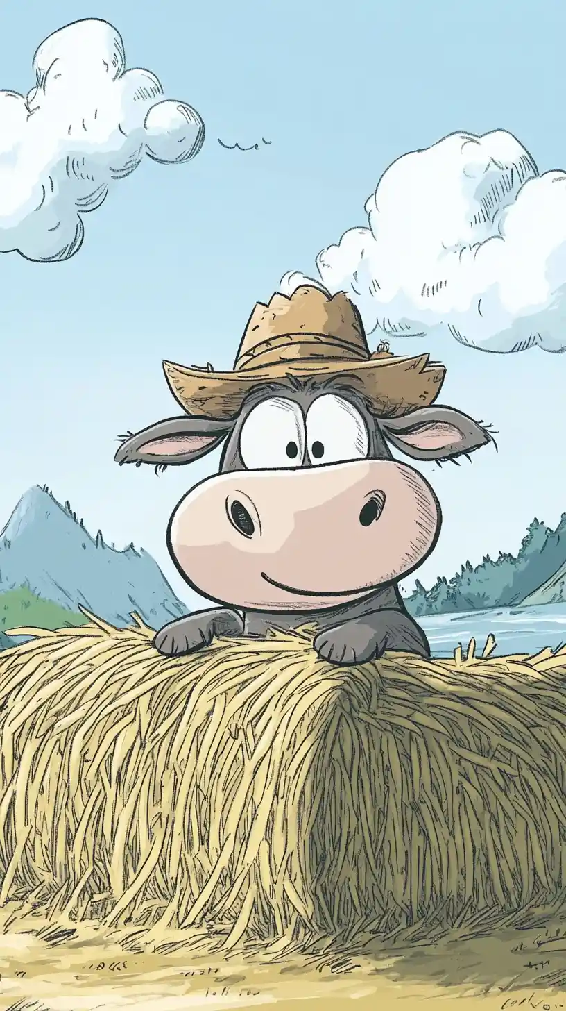 Cheerful Cartoon Cow With Straw Bale In Mountain Landscape