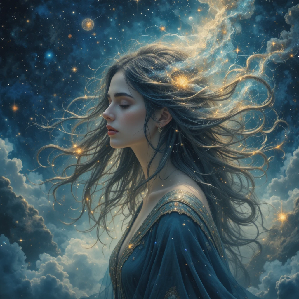 Mystical woman glowing amid swirling cosmic nebula clouds