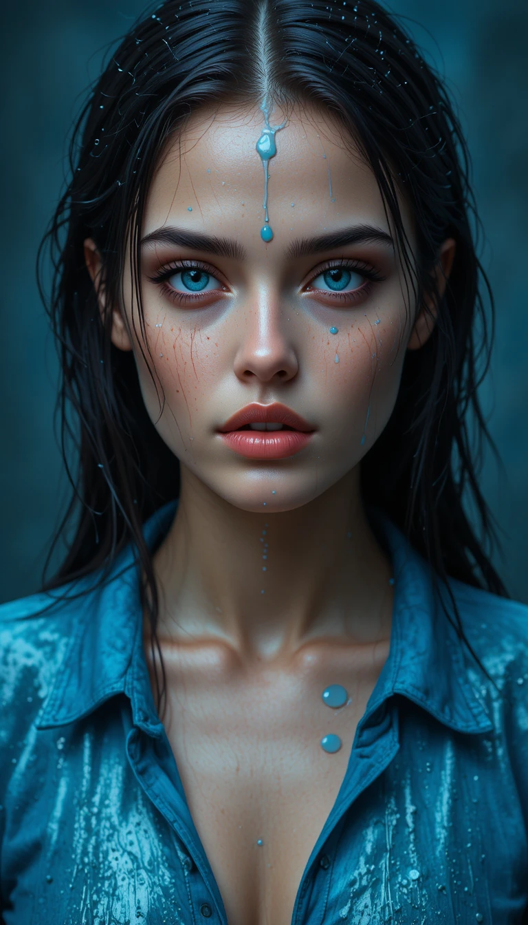 Young woman with blue eyes and wet hair in close up