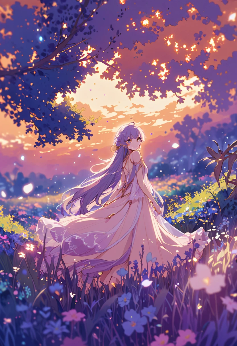 Anime girl floating in a dreamy purple flower field
