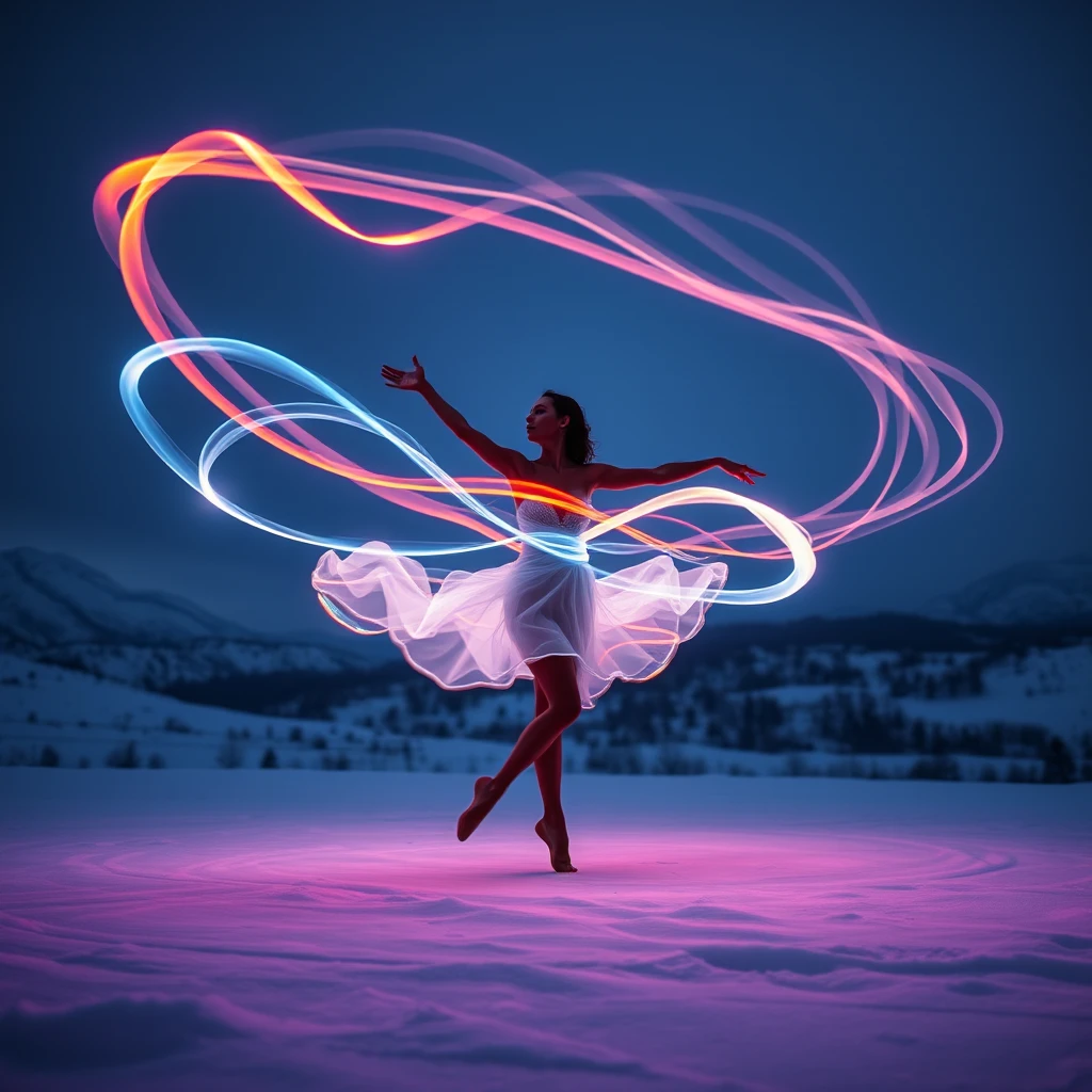Dancer surrounded by swirling colored light trails in snow