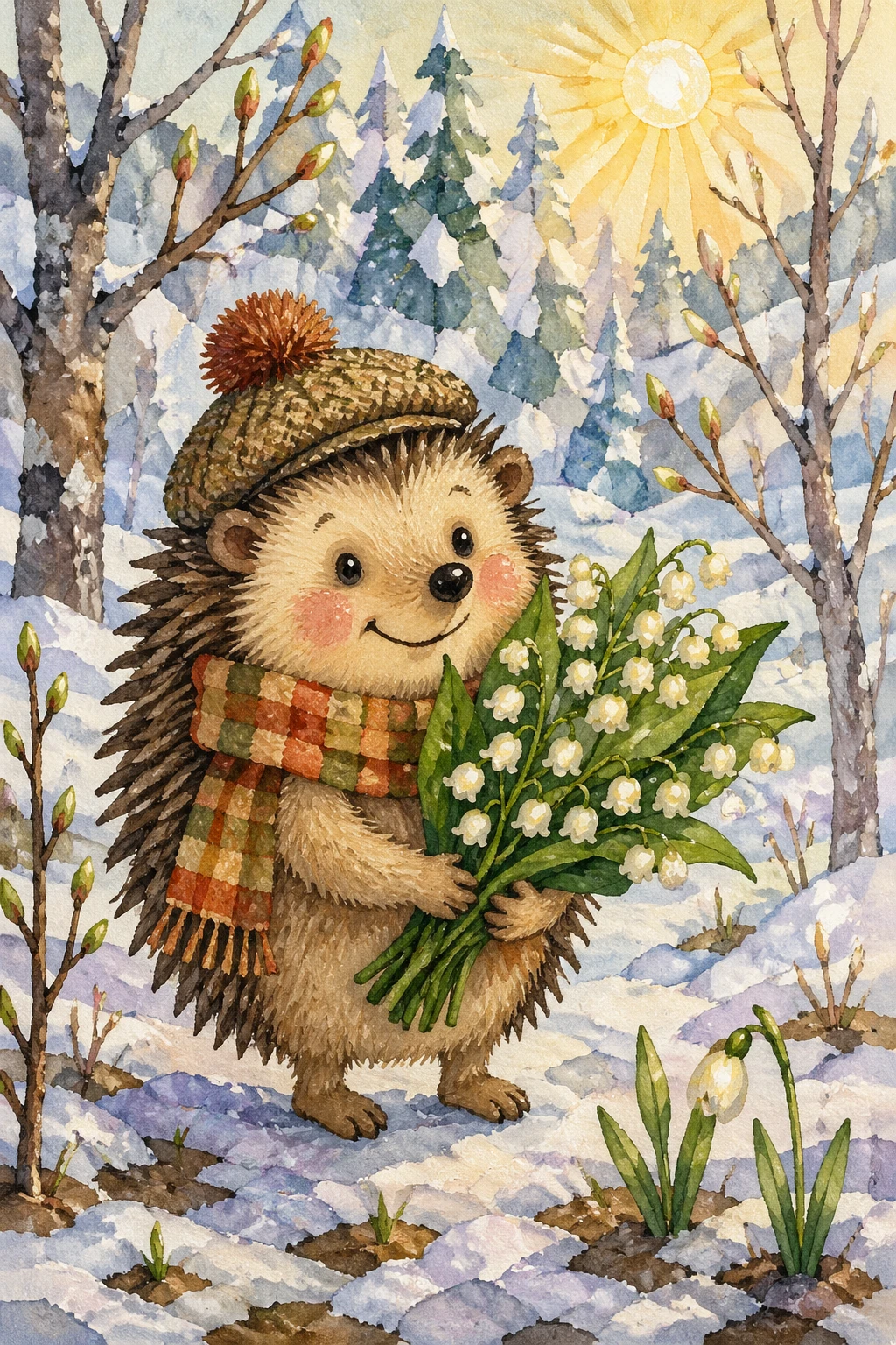 Cheerful Hedgehog With Spring Flowers In A Snowy Forest