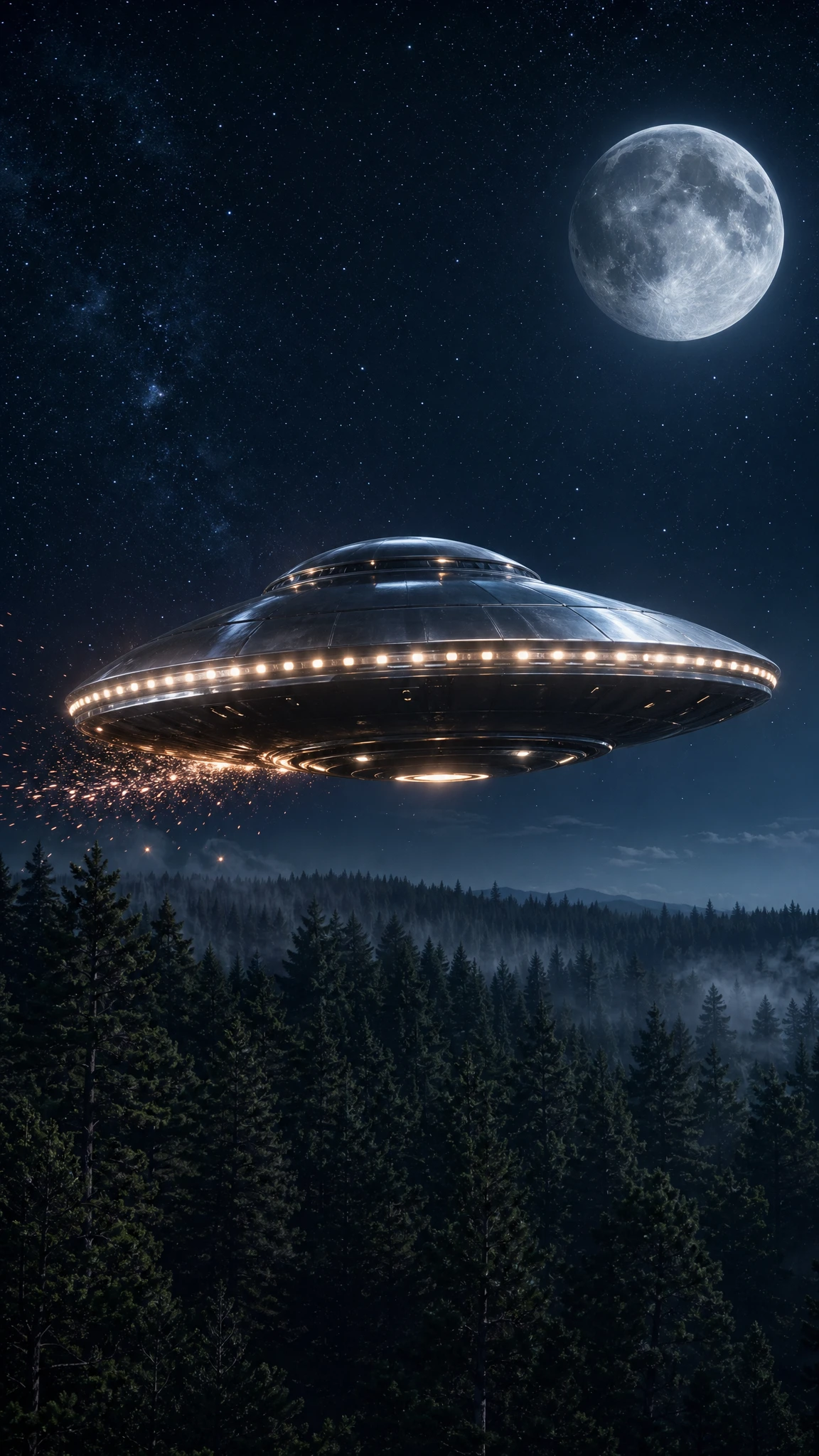 UFO metallico luminoso che fluttua sopra una foresta illuminata dalla luna