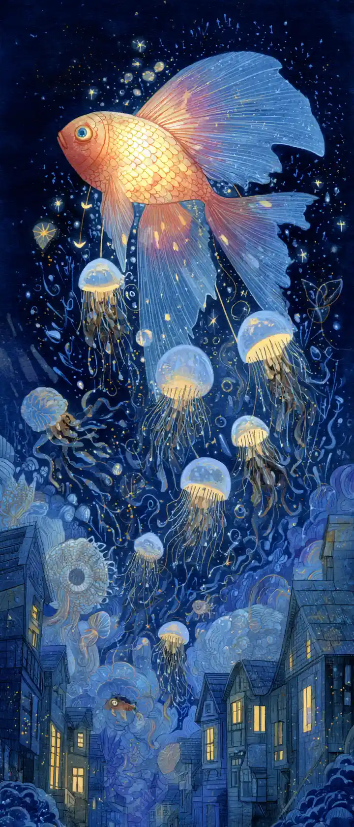 Glowing lantern fish drifting above a sleepy midnight town