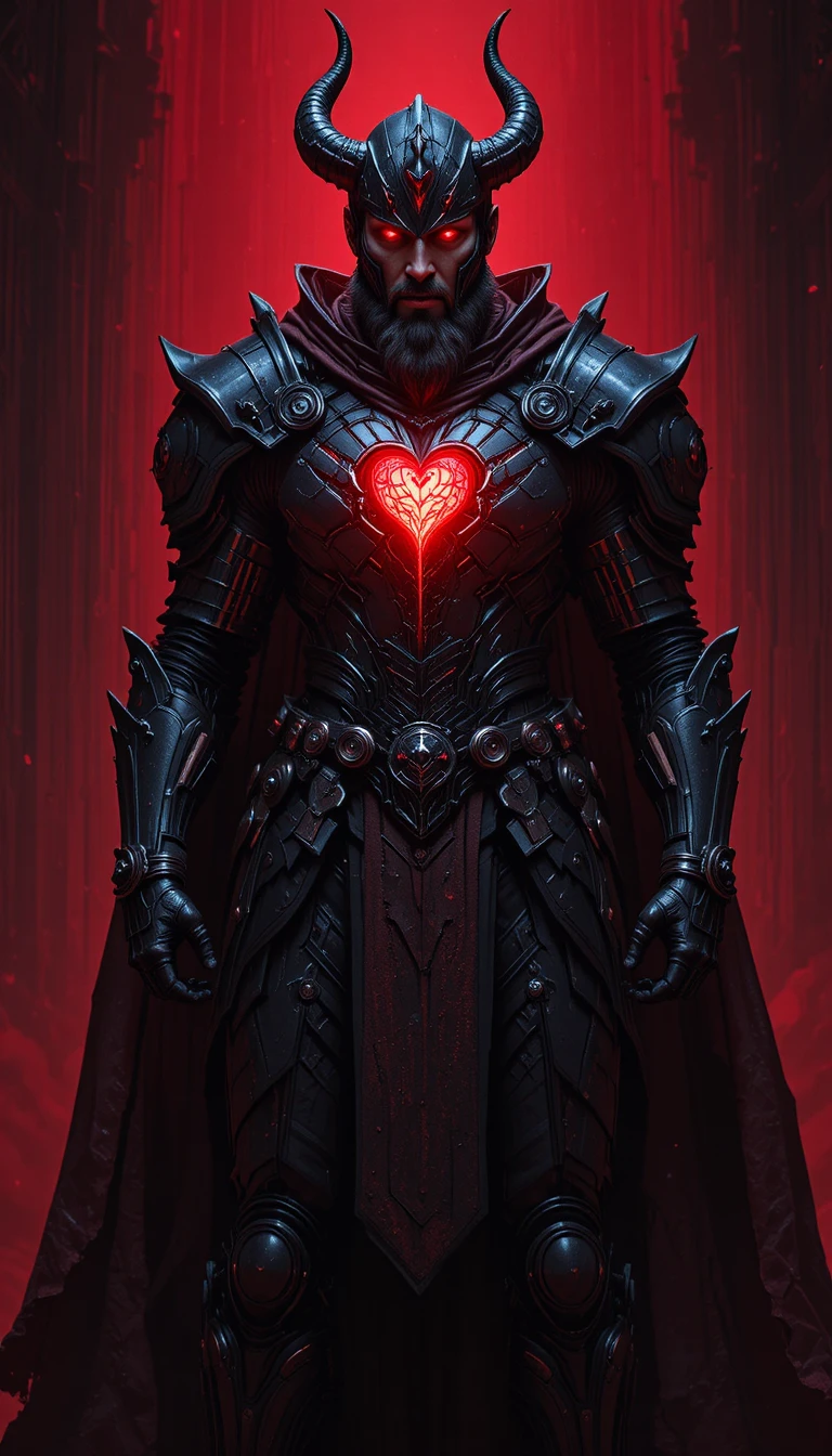 Armored knight with glowing red heart in dark fantasy scene