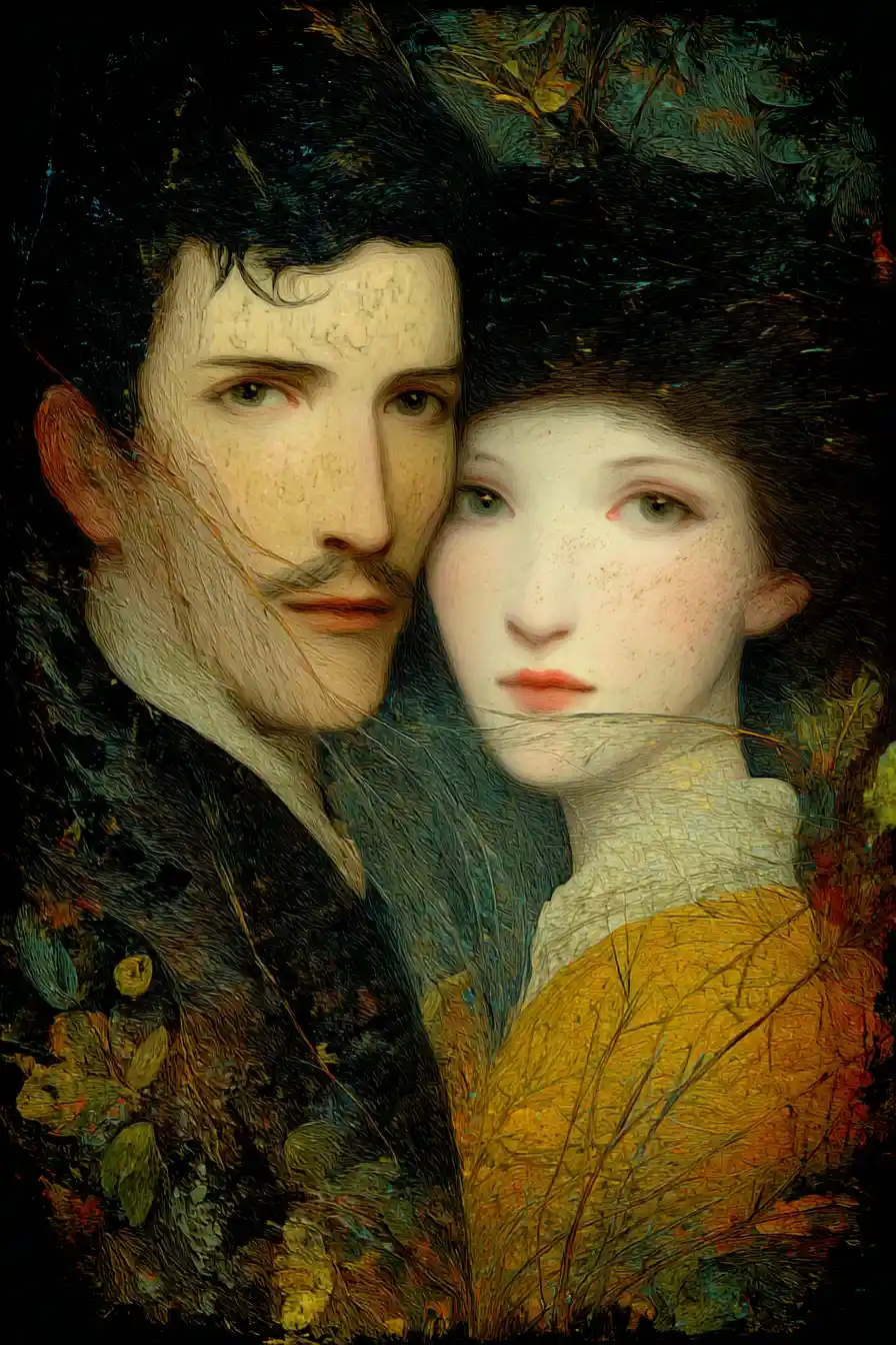 Mature couple parting in a surreal evening jungle maze