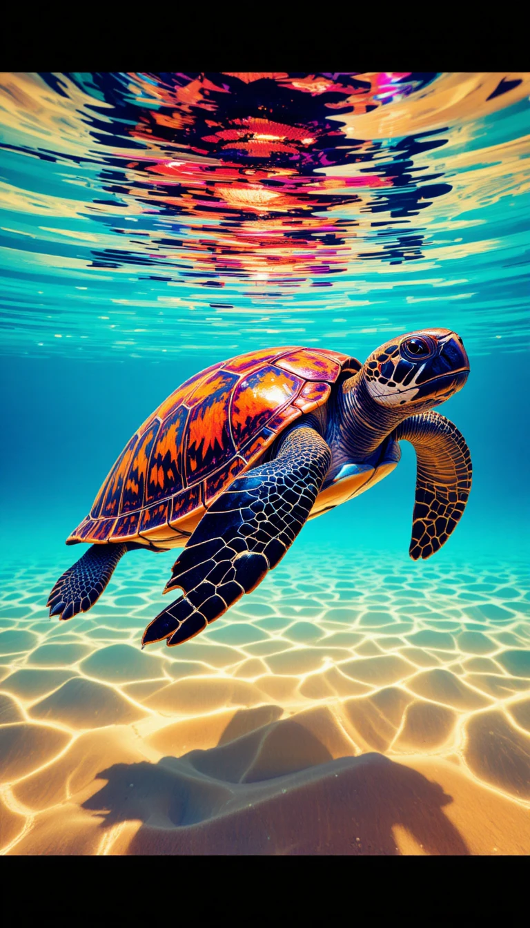 Colorful turtle swimming above golden sand seabed