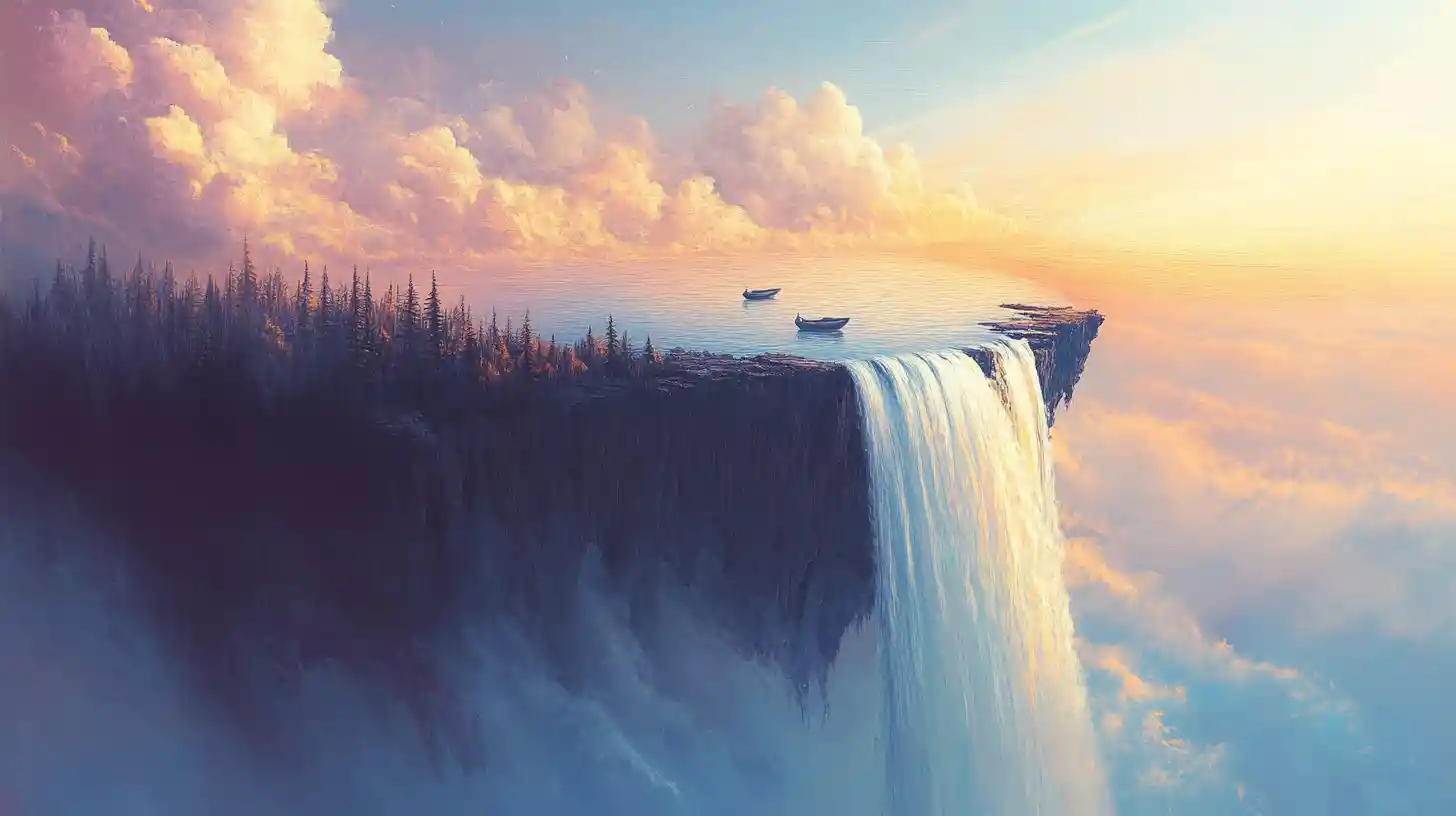 Surreal lake waterfall spilling into an endless void