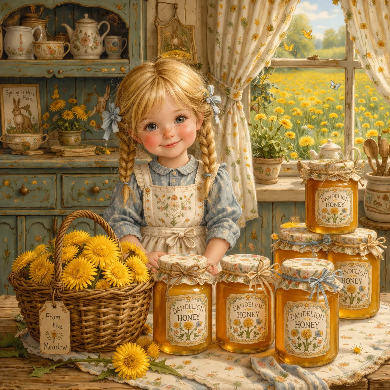 Chica sonriente con frascos de miel de diente de león en una cocina acogedora